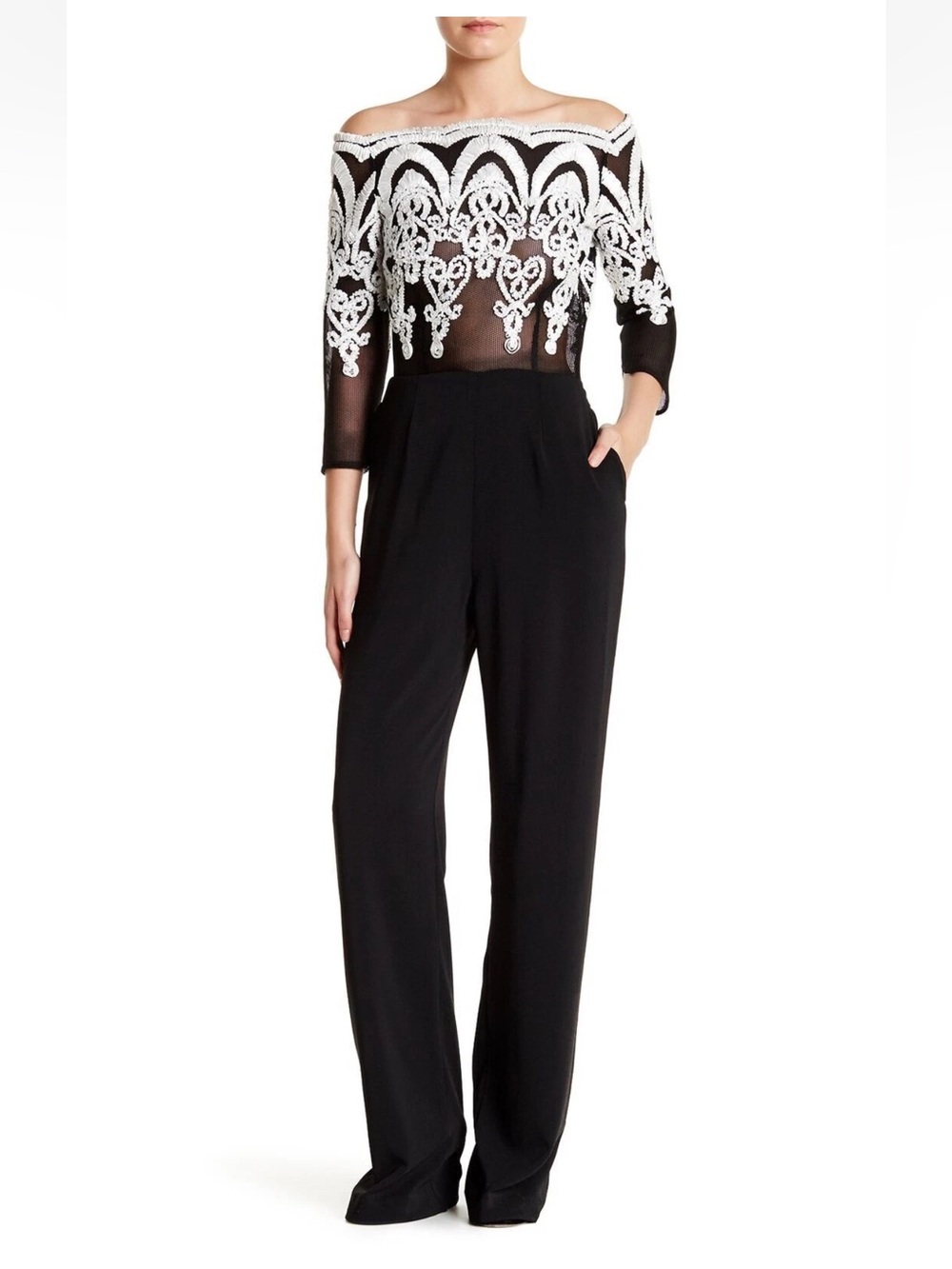 Issue New York Black Jumpsuit with White Lace Appliqué